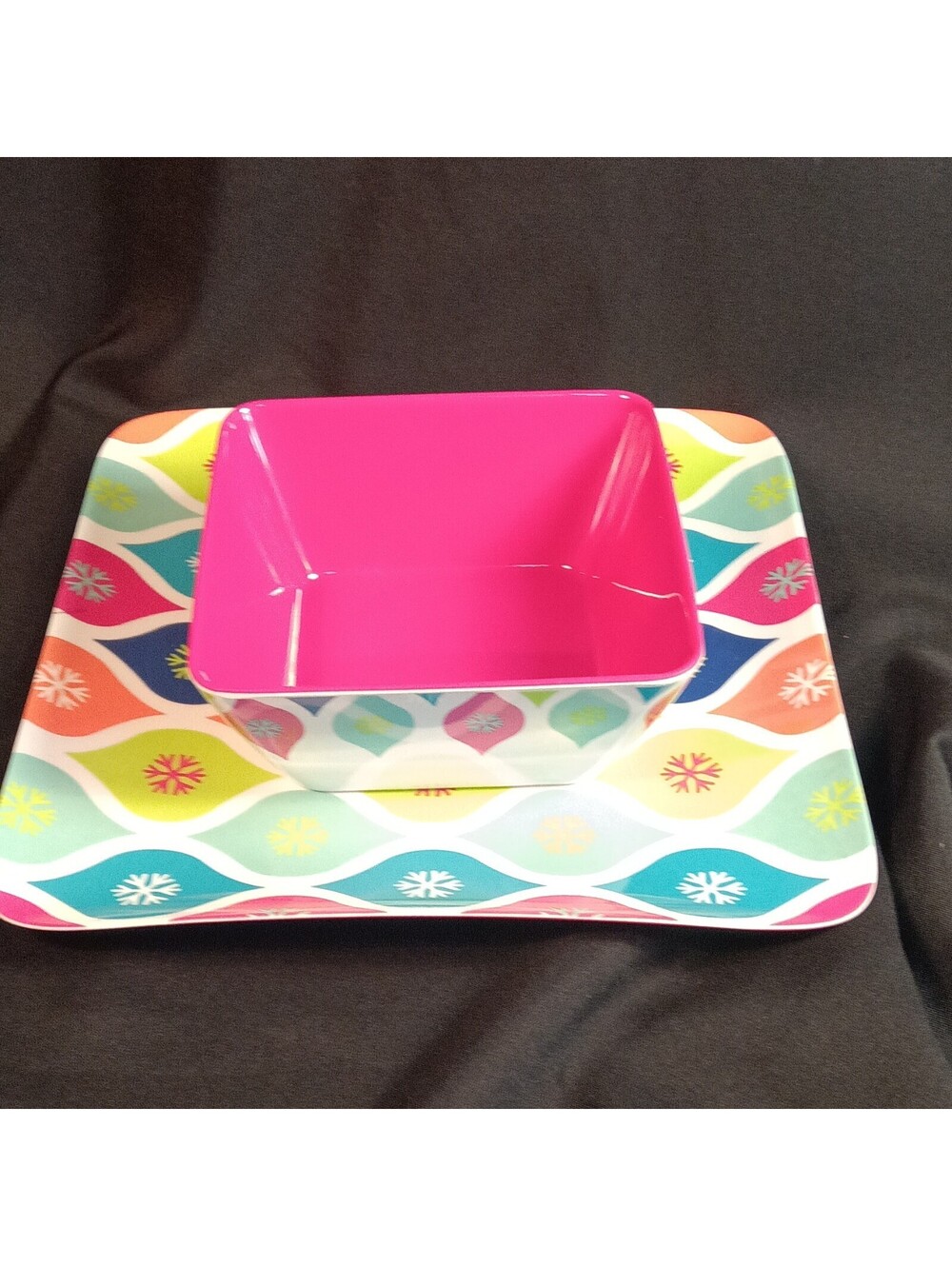 Melamine Holiday Serving Platter Square Bowl Fun Summer Picnics Set Retro NWOT